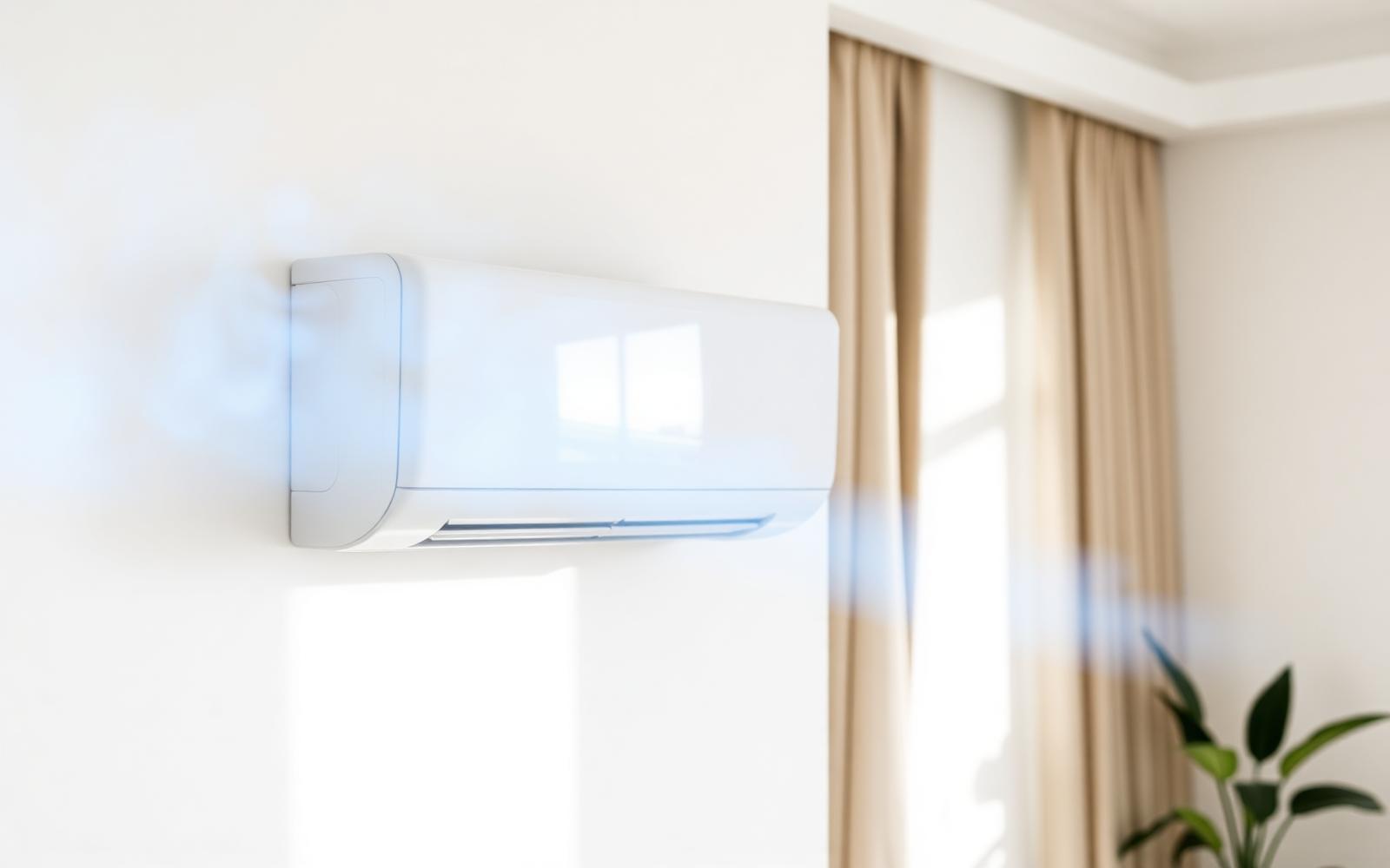 Freshly cleaned white split system air conditioner cooling a bright living room